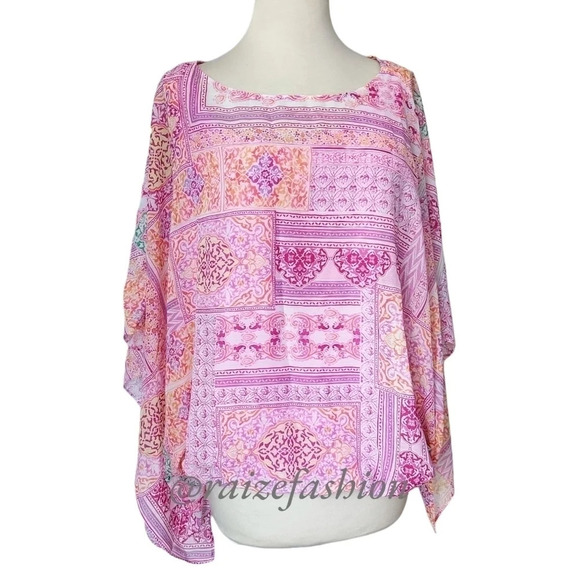 CHICO’S Caftan-Poncho Style Top Flutter Sleeve Pink Floral 2/L - Picture 1 of 10